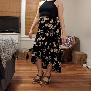AEO High-Low Black Floral Wrap Skirt